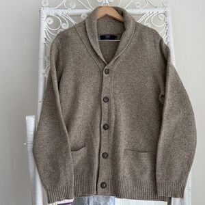 J Crew Shawl Collar Cardigan Sweater Mens Large Brown Lambswool Herringbone